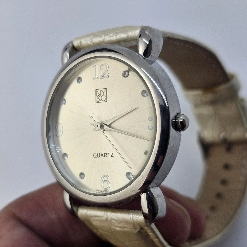 NYC Women's Watch 34MM Gray Dial Cream‎ Faux Leather Band Straps New Battery
